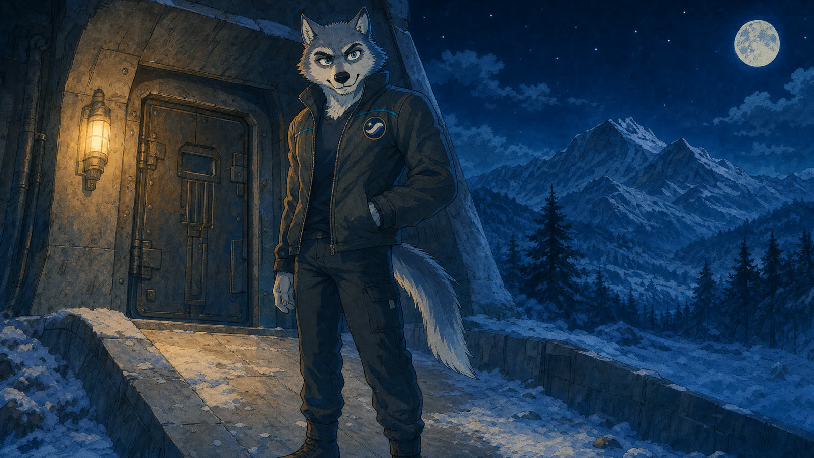 Anime SWOLF standing outside the bunker door under a full moon