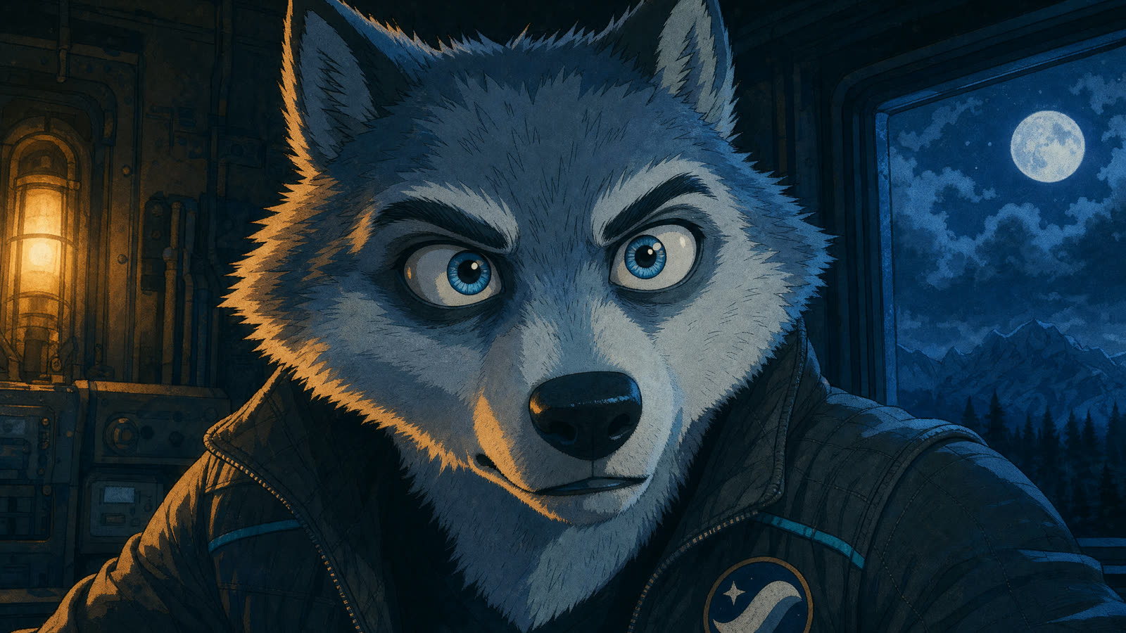 Anime SWOLF close-up lit by an amber lamp