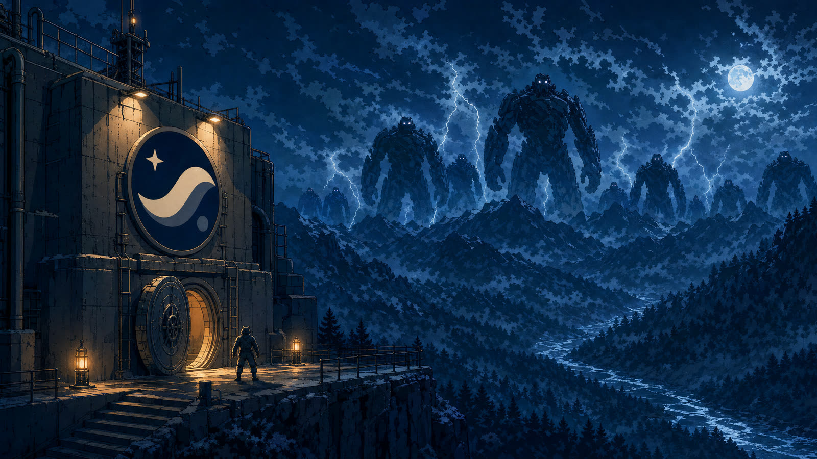 Anime bunker on a cliff facing giants across the valley