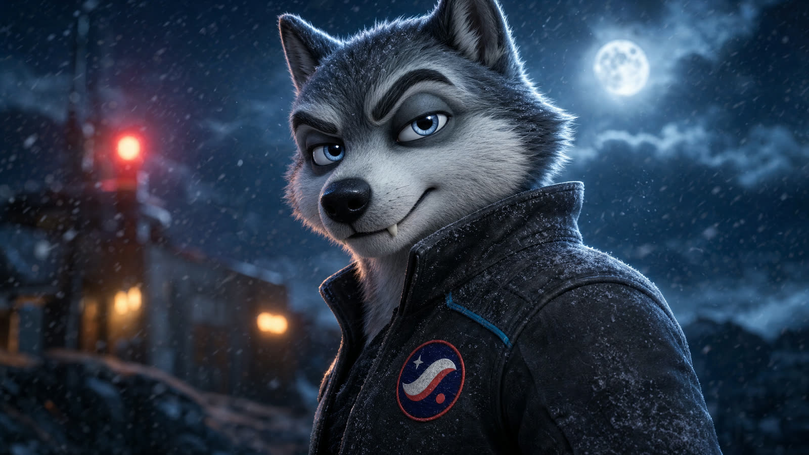 3D SWOLF close-up in falling snow, sly half-smile