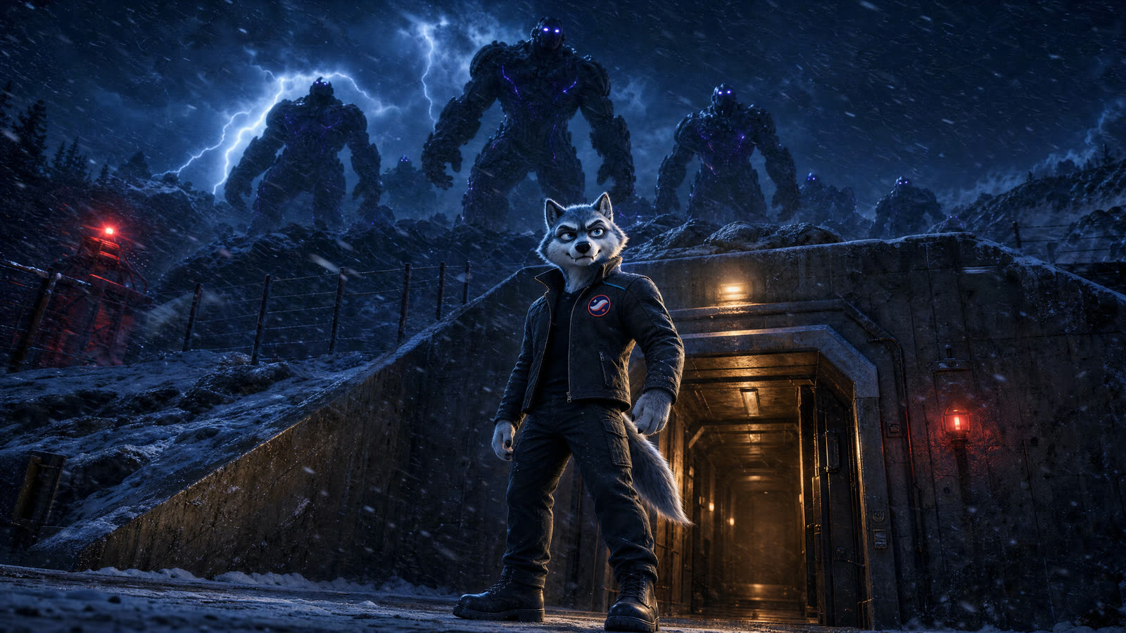 3D SWOLF standing on the bunker ramp as shadow giants loom behind him