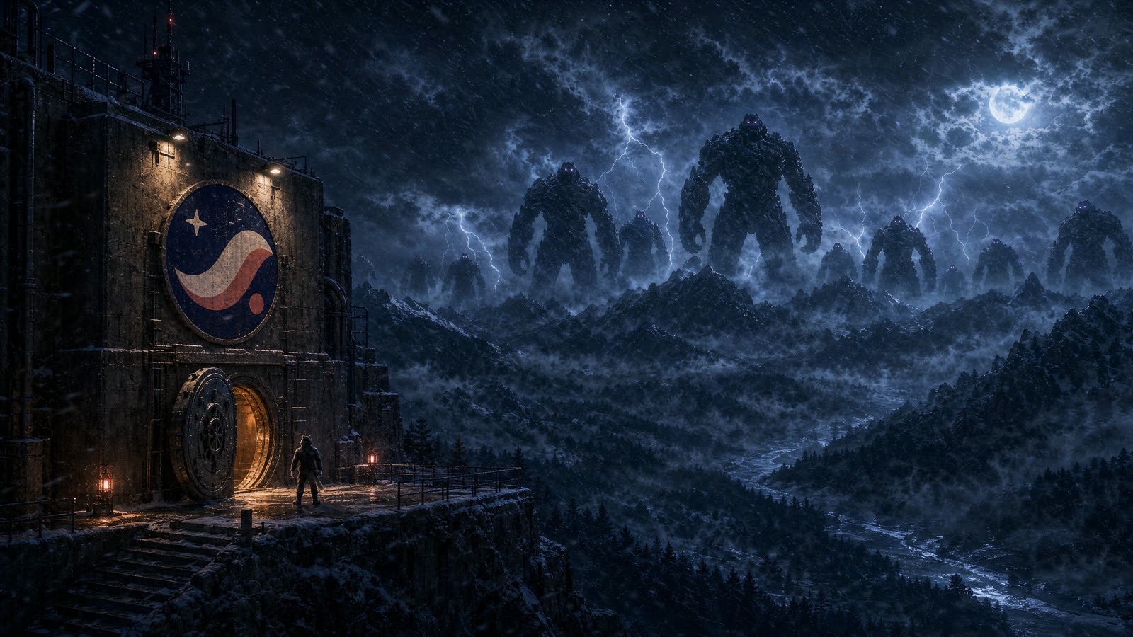 The bunker on its cliff with an army of shadow giants on the horizon