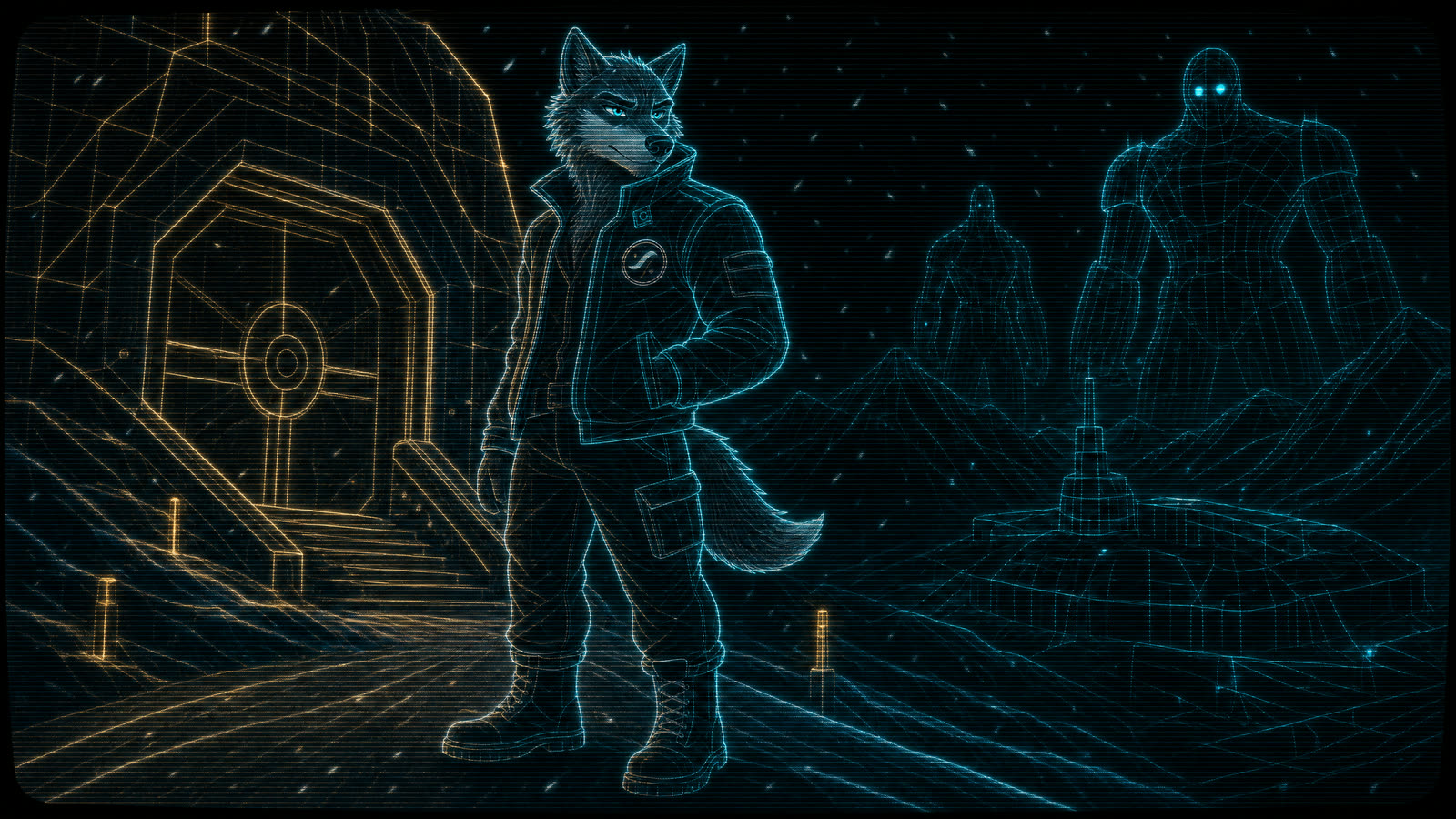 SWOLF drawn in glowing teal and amber vector lines