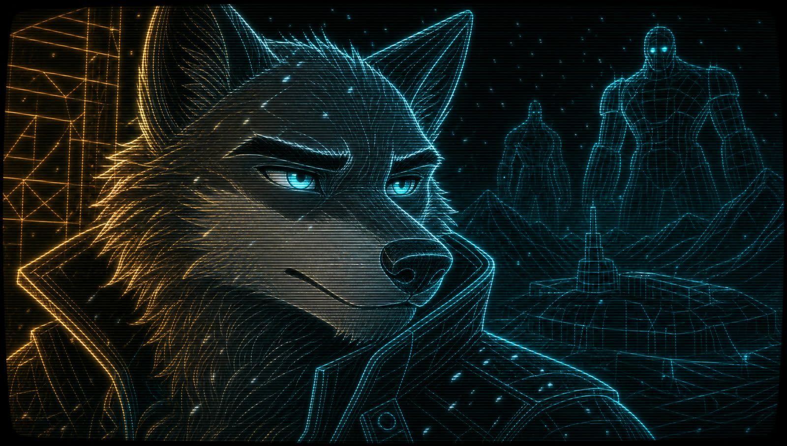 Phosphor-line close-up of SWOLF with wireframe giants behind