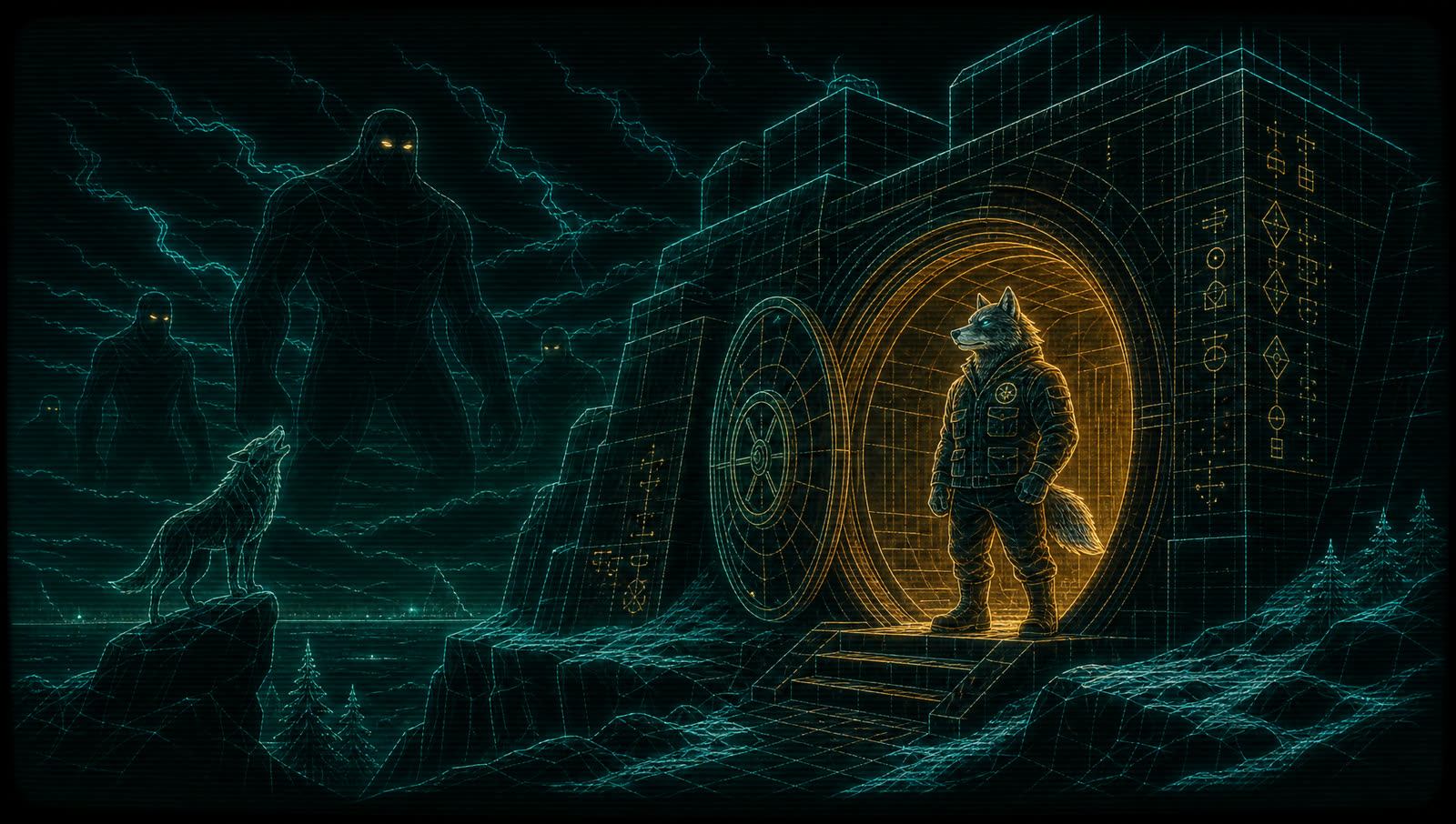 Wireframe bunker and giants on a black CRT screen