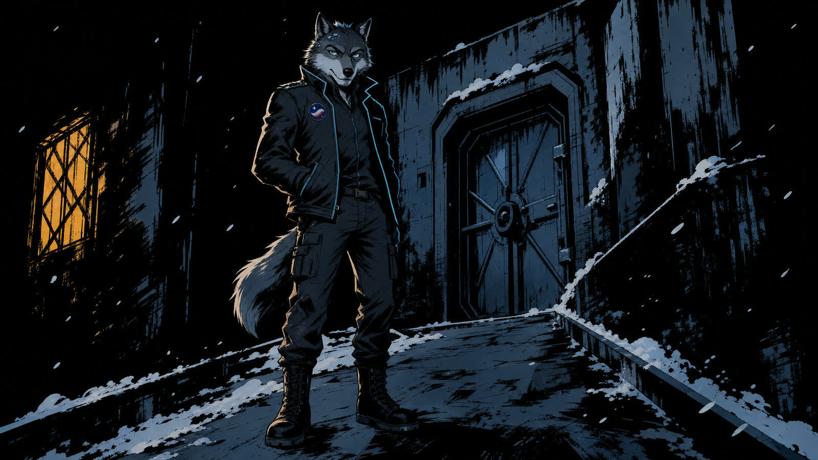 Ink-noir SWOLF on a snowy ramp beside a vault door