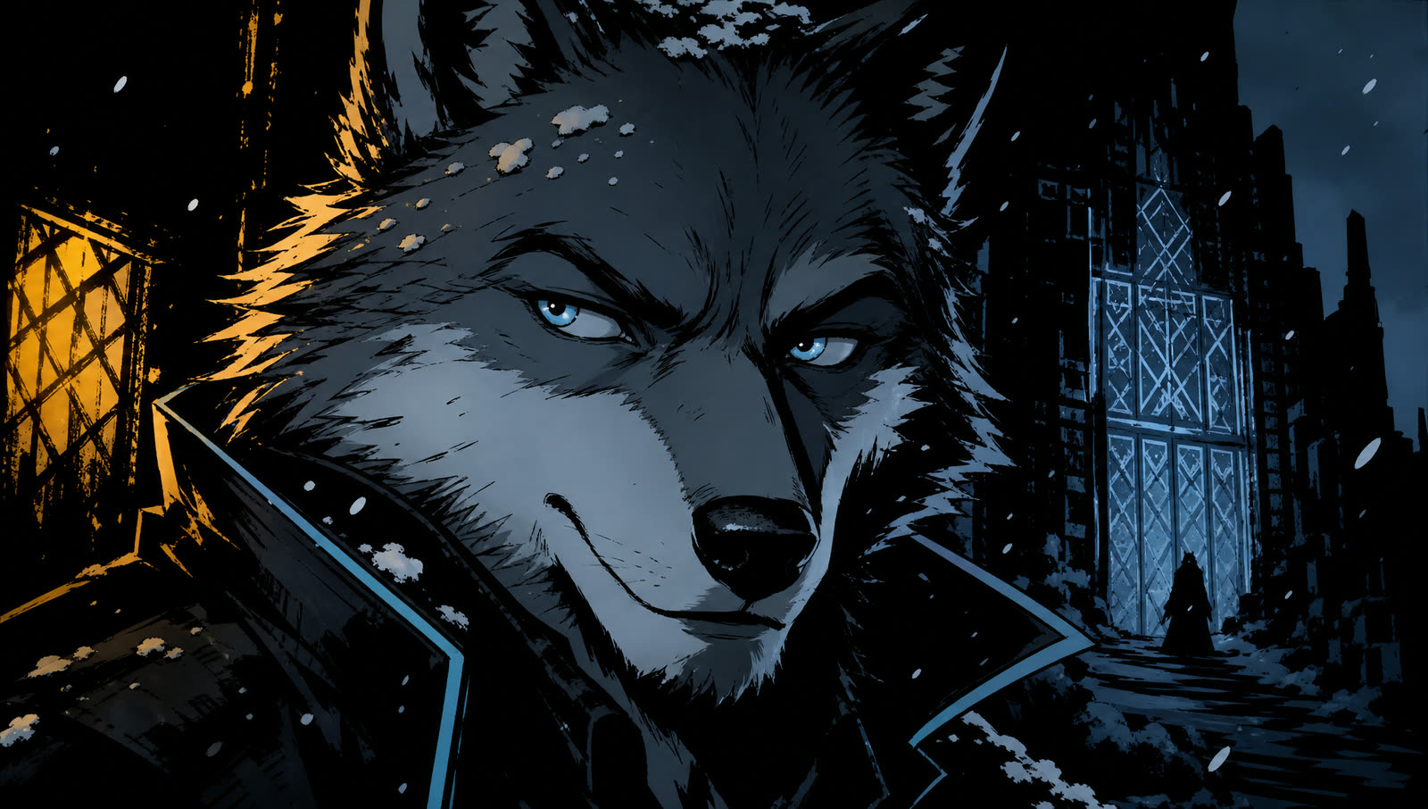 Ink-noir close-up of SWOLF, snow on his brow