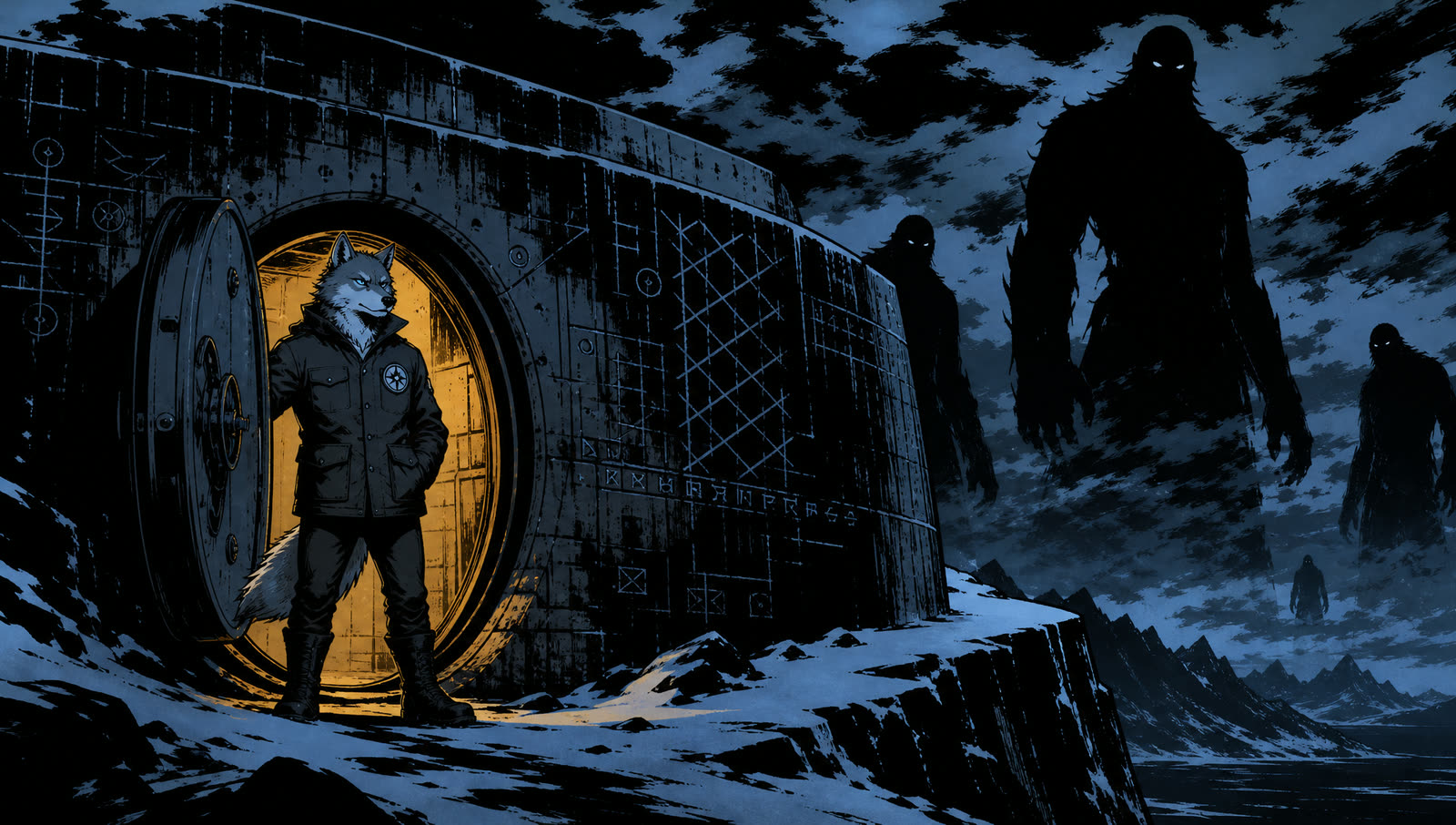 Ink-noir bunker with shadow giants on the horizon
