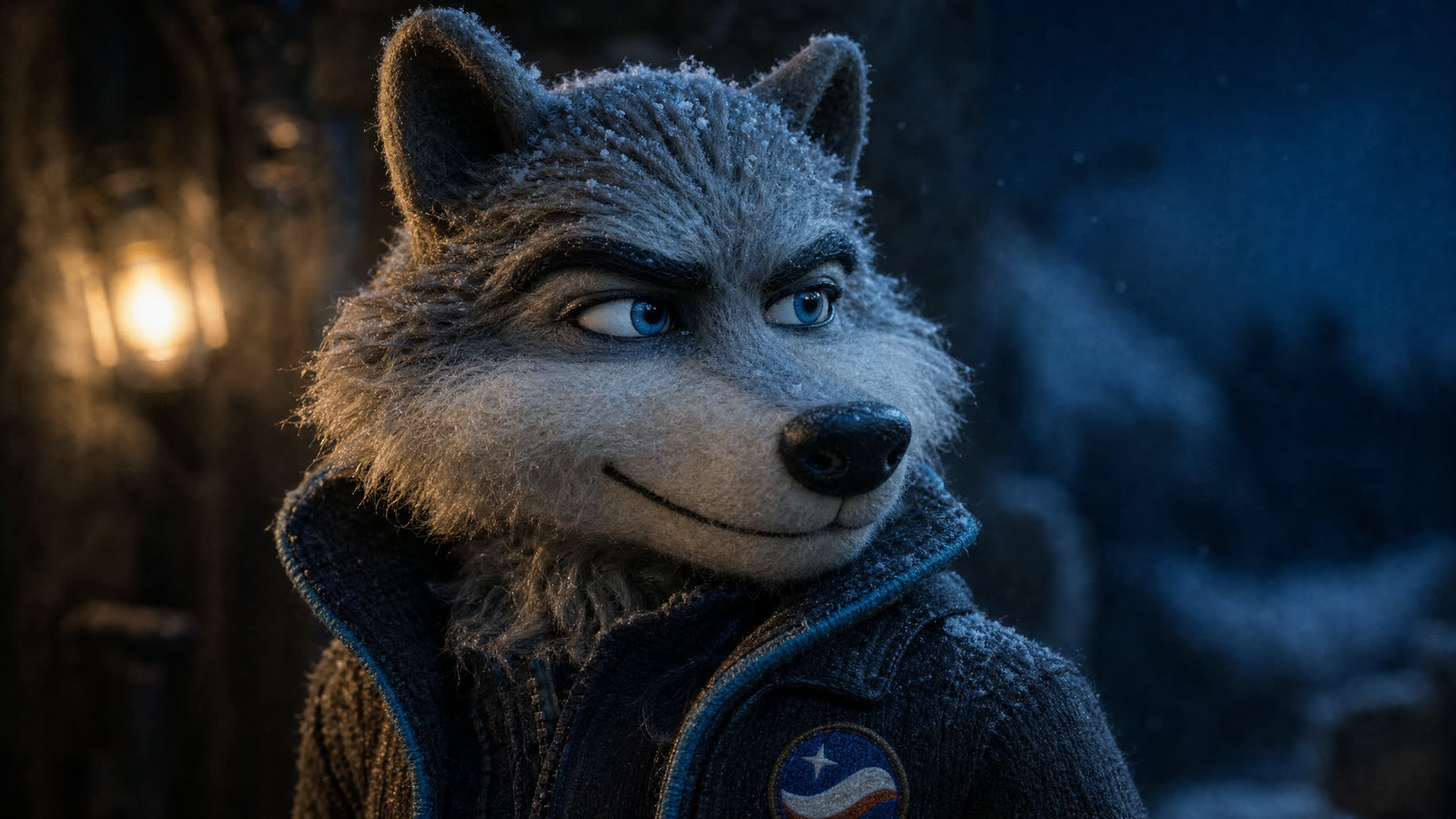 Close-up of puppet SWOLF with snow in his felted fur