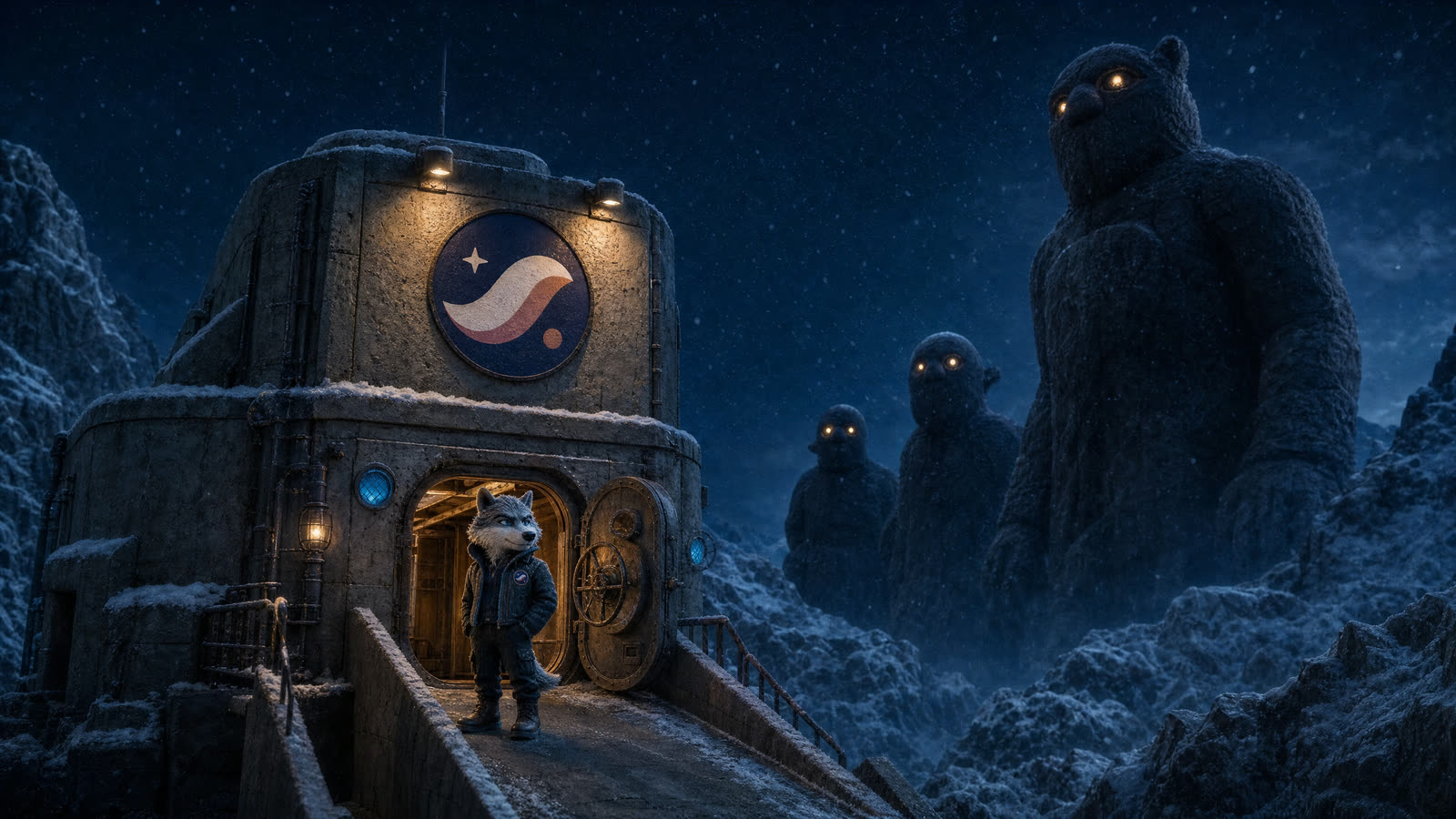Miniature bunker diorama with giant puppets on the horizon